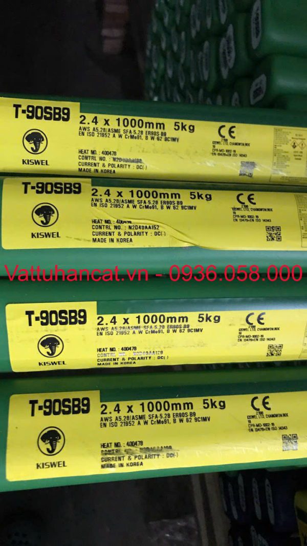 Các Tiêu chuẩn Kỹ Thuật Tiêu chuẩn: Tiêu chuẩn Mỹ: A5.28 : ER90S-B9 Tiêu chuẩn Châu Âu: 21952-A : W 62 CrMo91; EN21952-B : W 62 9C1MV Đường kính que: 0.9mm,1.2mm,1.6mm, 2.4mm, 3.2mm Nguồn hàn: Ar và DC(+) Thành Phần Hóa học(%) C Si Mn P S Cr Ni Mo Remark 0.10 0.23 0.75 0.005 0.002 9.10 - 0.94 V:0.1818 Nb: 0.06 Thành Phần Vật lý Y.S (MPa) T.S (MPa) EI. (%) Hardness (HV) IV (J) PWHT 673 745 20 334(-20℃) 760℃x2Hr Vị trí Hàn: Vị trí Hàn Đường kính Que (mm) Dòng hàn (A) Điện Thế Hàn(V) Min. Max. Min. Max. F, HF, H, VU, VD, OH 0.9mm 50 80 10 12 F, HF, H, VU, VD, OH 1.2mm 70 120 10 12 F, HF, H, VU, VD, OH 1.6mm 90 170 11 16 F, HF, H, VU, VD, OH 2.4mm 100 200 13 20 F, HF, H, VU, VD, OH 3.2mm 120 250 13 22 Ứng dụng: Que hàn TIG chịu nhiệt Kiswel T-90SB9(760℃) chuyên dùng hàn nhà máy điện, bộ trao đổi nhiệt và nhà máy lọc dầu như thép chịu nhiệt 9% Cr-1% Mo-V